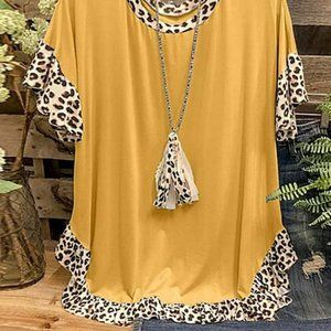 Yellow Leopard Contrast-Trim Ruffle-Accent Swing Top